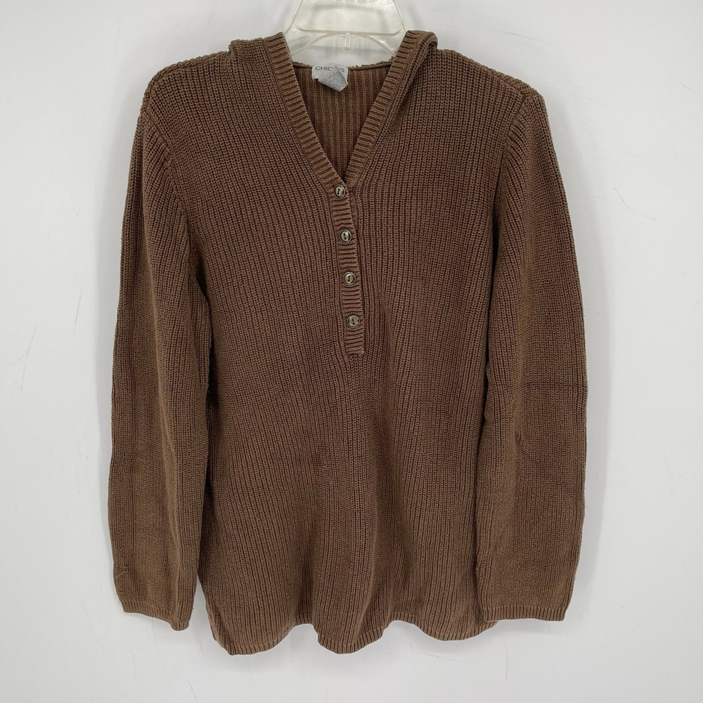 Chico's Women's Brown Ribbed Knit Henley Pullover Hooded Sweater Size 2 Large